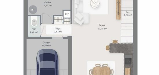 Plan de maison Surface terrain 105 m2 - 6 pièces - 3  chambres -  avec garage 