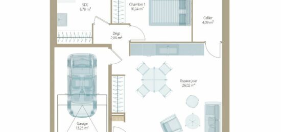 Plan de maison Surface terrain 50 m2 - 3 pièces - 1  chambre -  avec garage 